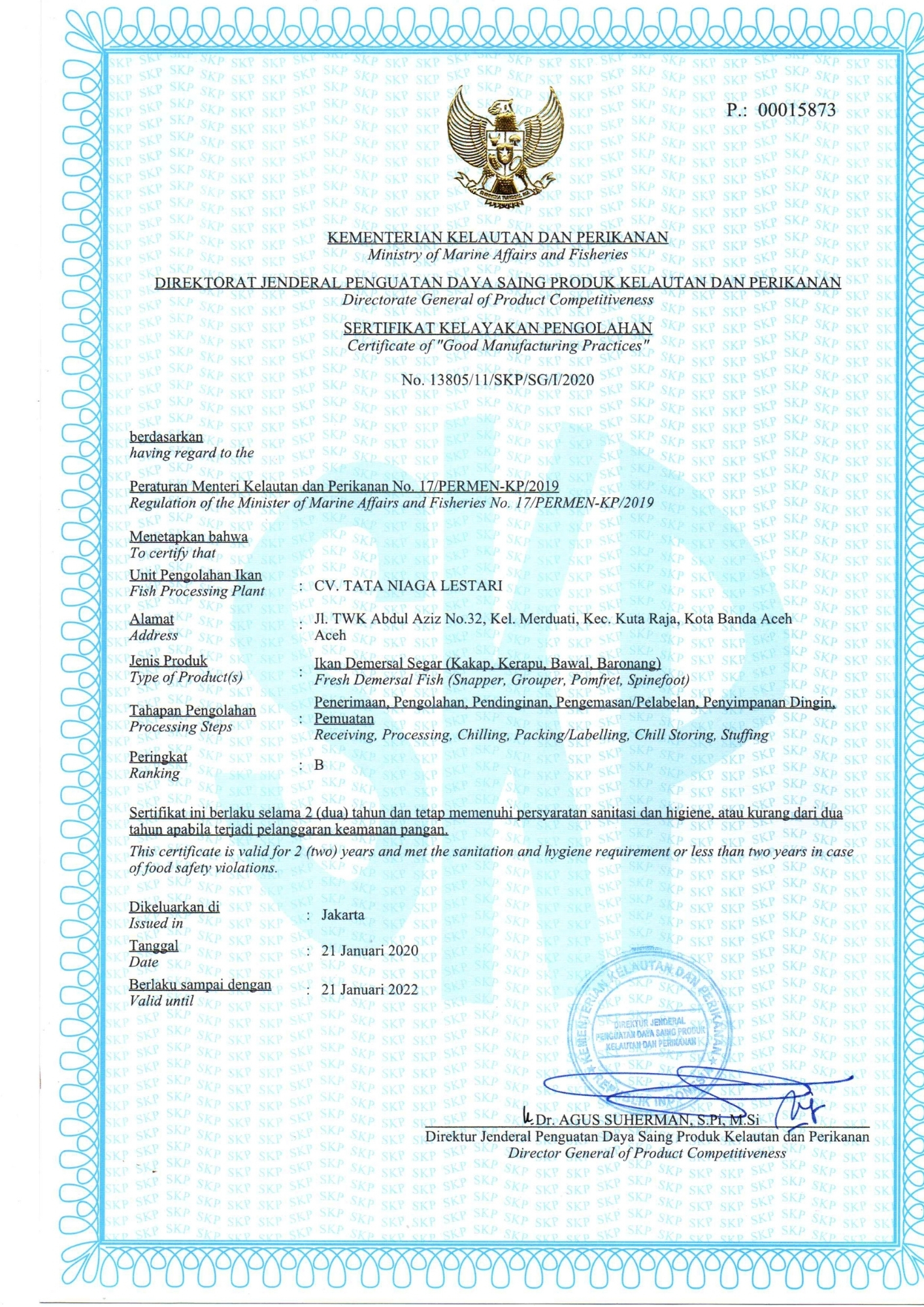 Certificate of Good Manufacturing Practices - Demersal Fish